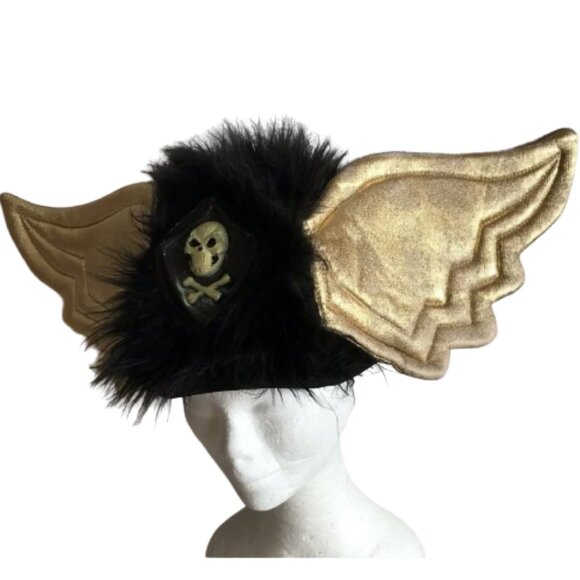 Costume Pirate Hat Black Furry and Golden Wings with Skull Crossbone Halloween - Picture 1 of 8